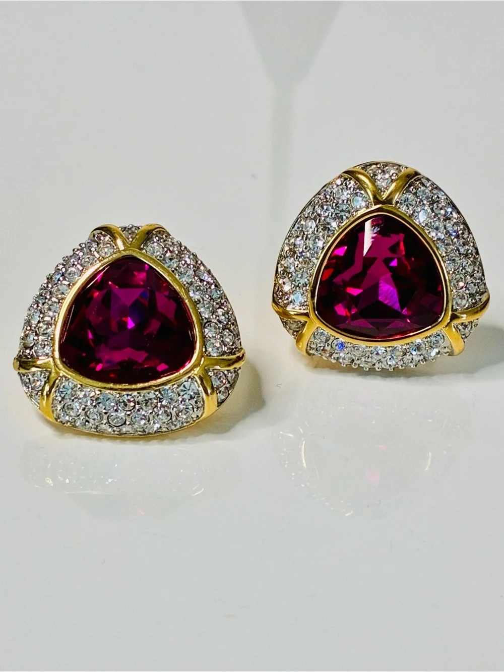 RARE Swarovski Gold-Tone Fuchsia Crystal HUGE HEAVY AND PRISTINE Clip Earrings